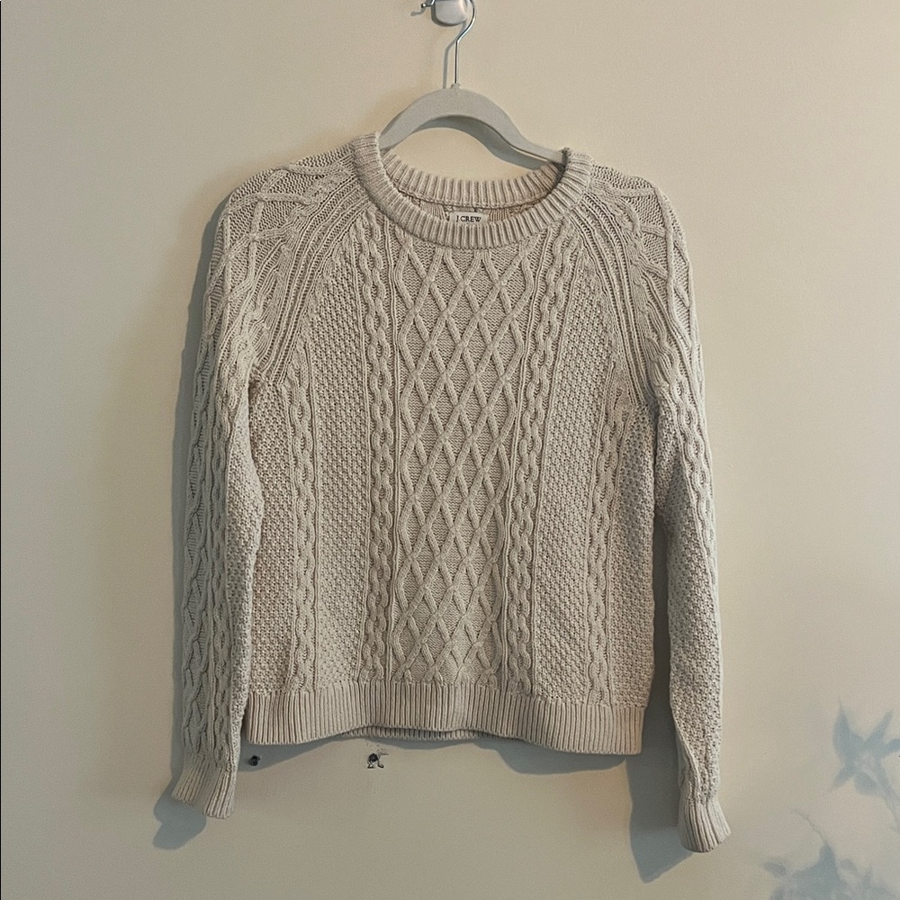J.Crew Cable Knit Cotton Crewneck Sweater Preppy English Country Classic‎ Cream